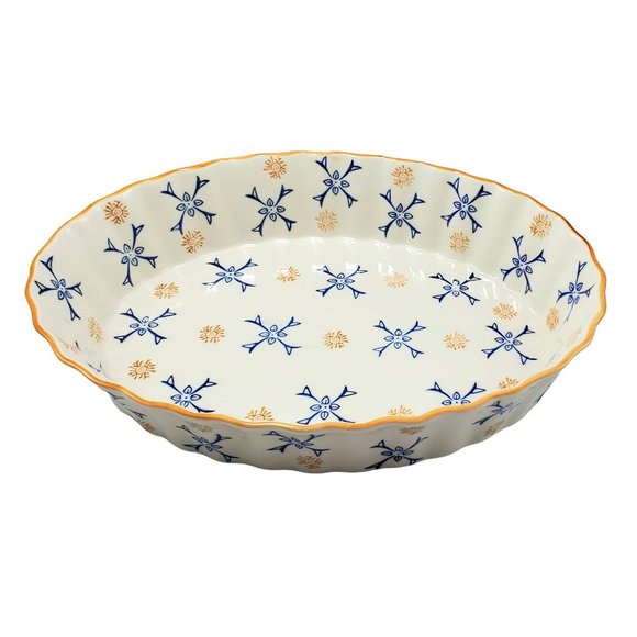 Temptations Atomic Flower Ceramic Oval Scalloped Casserole Dish Blue/Gold/Ivory - Picture 2 of 7